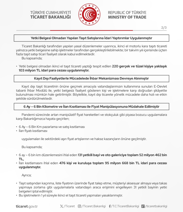 Ticaret’ten motorlu taşıt ticaretinde sert denetim! 31 bayinin yetki belgesine iptal